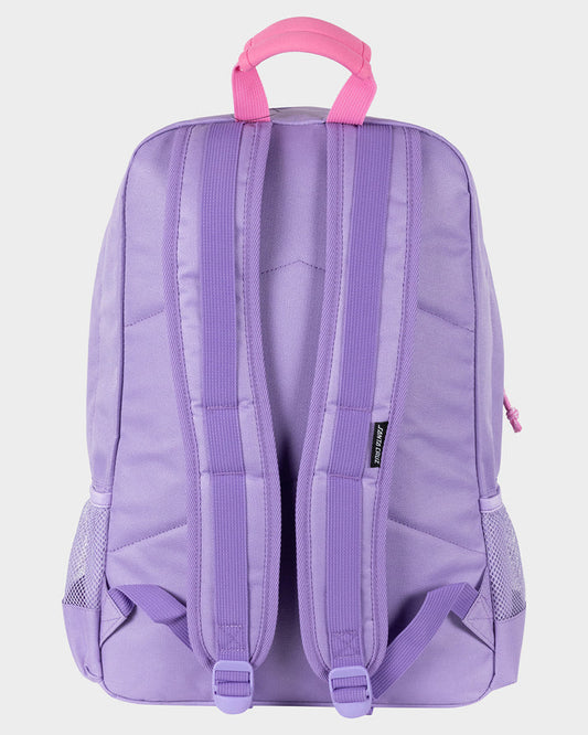Purple backpack with pink handle on a light gray background