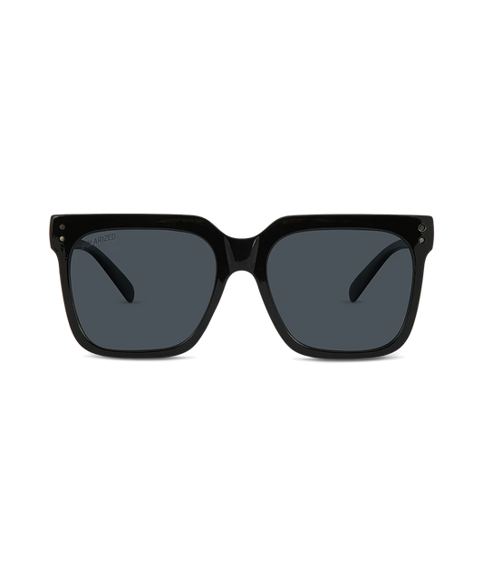 Black square sunglasses with dark gray lenses, shown from the front on a plain white background.