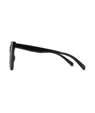 Black sunglasses shown from a side profile view against a solid white background.