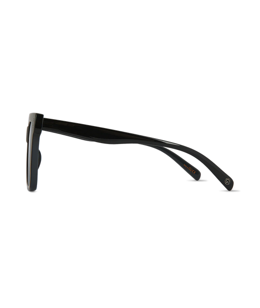 Black sunglasses shown from a side profile view against a solid white background.