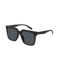 Black square sunglasses with dark gray lenses and a glossy finish, shown from a three-quarters angle on a white background.