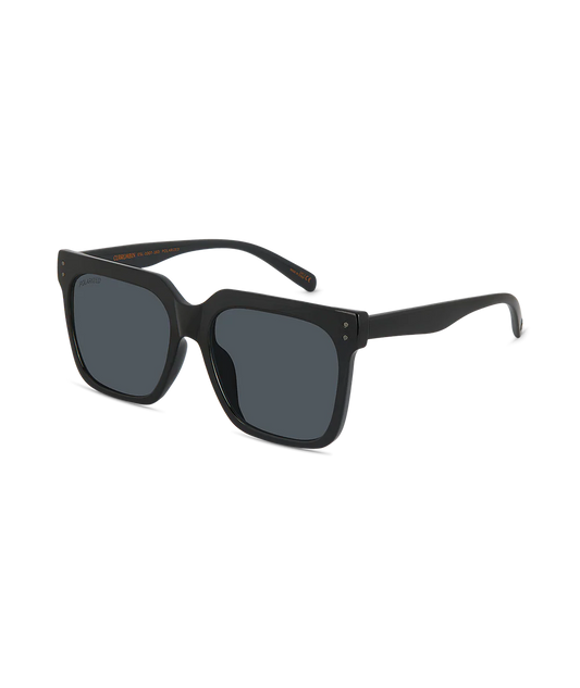 Black square sunglasses with dark gray lenses and a glossy finish, shown from a three-quarters angle on a white background.