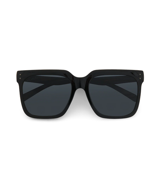 Black square sunglasses with thick frames and dark lenses, shown from the front on a plain white background.