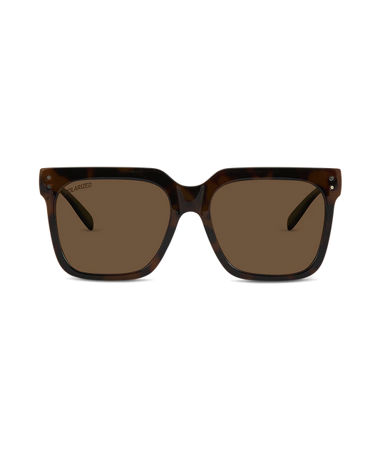 Square sunglasses with a dark brown tortoiseshell frame and brown tinted lenses, shown against a plain white background.