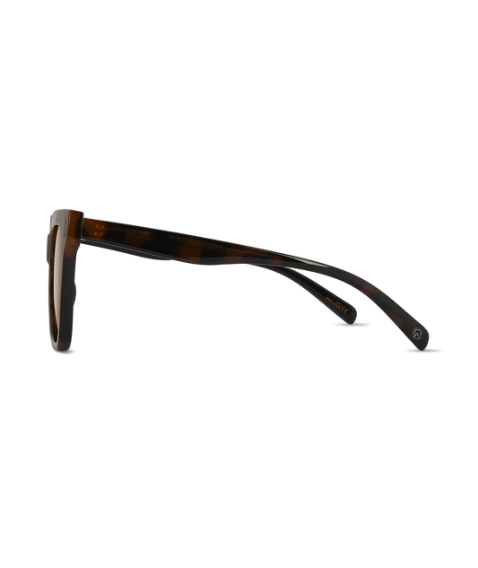 A pair of square-frame sunglasses with a dark brown and black tortoiseshell acetate frame, shown from a side profile view against a plain white background.