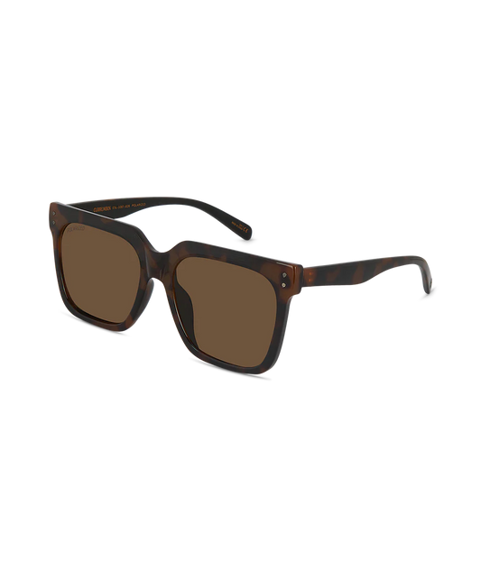 Square sunglasses with a dark brown and black tortoiseshell frame and brown tinted lenses, shown at a three-quarter angle on a white background.