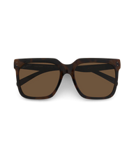 A pair of square sunglasses with a dark brown and black tortoiseshell acetate frame and brown tinted lenses, shown against a plain white background.