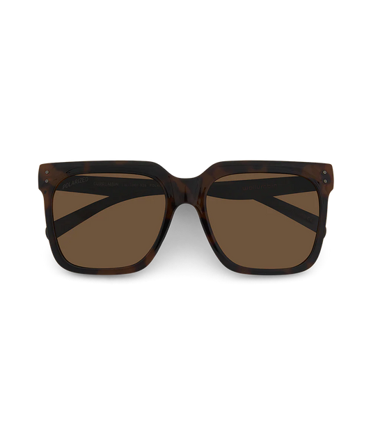 A pair of square sunglasses with a dark brown and black tortoiseshell acetate frame and brown tinted lenses, shown against a plain white background.