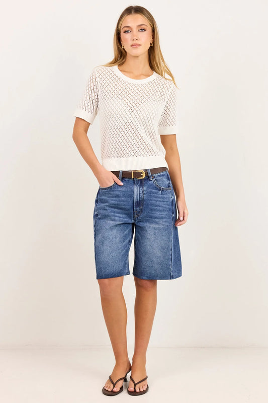 short-sleeve cream-colored knit sweater