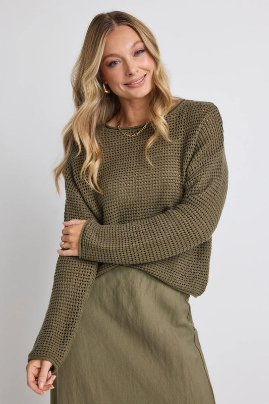 Re-Union Dawn Soft Khaki Crochet Knit Jumper