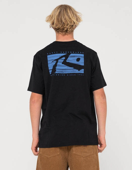 Person wearing a black t-shirt with a blue graphic on the back against a white background