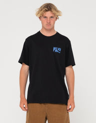 Person wearing a black t-shirt with a blue logo on a white background