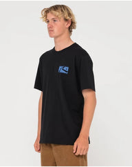 Person wearing a black t-shirt with a blue logo on a white background
