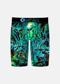 Colorful shorts with leopards and 'ethika' branding on a white background