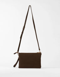 Brown leather clutch bag with a strap on a white background