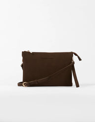 Brown leather crossbody bag on a white background