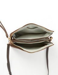Open handbag with a gold zipper on a white background