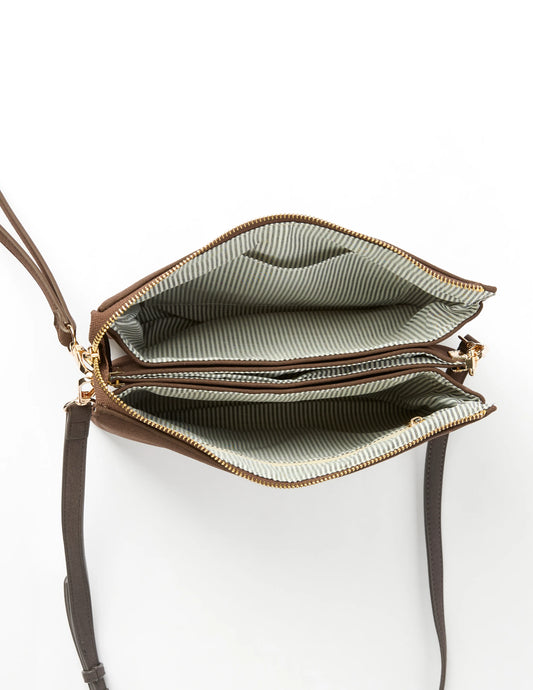 Open handbag with a gold zipper on a white background
