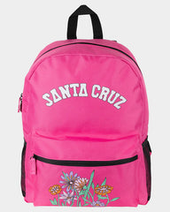 Pink backpack with 'Santa Cruz' branding and floral design on a light gray background