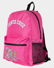 Pink backpack with floral design and 'Santa Cruz' branding on a light gray background