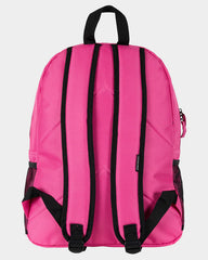 Pink backpack with black straps on a light gray background