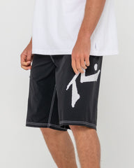 Person wearing black shorts with a white logo on a white background