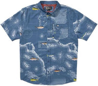 Blue fishing-themed shirt with patterns on a white background