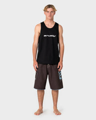 Person wearing a black tank top and striped shorts on a white background