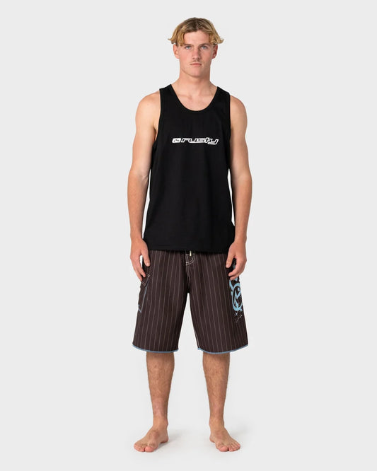 Person wearing a black tank top and striped shorts on a white background