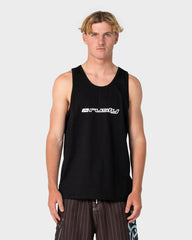 Man wearing a black tank top with a logo on a white background