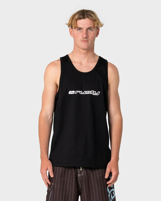 Man wearing a black tank top with a logo on a white background