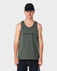 Man wearing a green tank top with branding on a white background