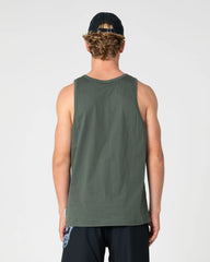 Person wearing a green tank top and black cap on a white background