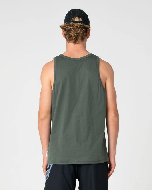 Person wearing a green tank top and black cap on a white background