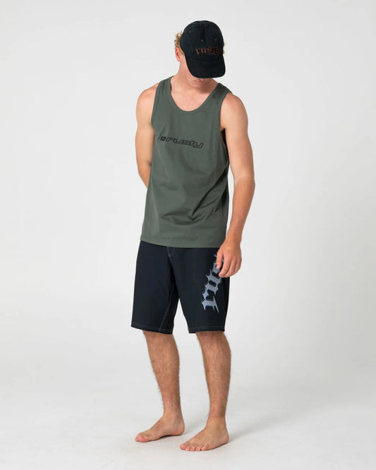 Man wearing a green tank top and black shorts with a logo on a white background