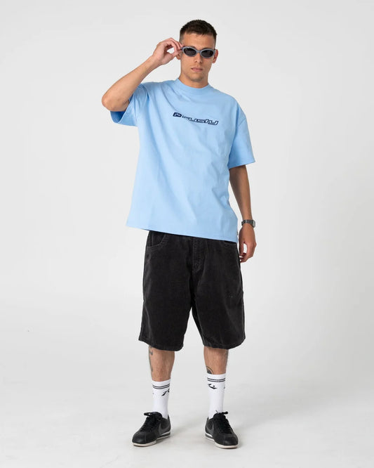 Person wearing a light blue t-shirt and black shorts on a white background