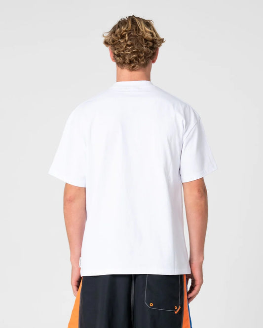 Person wearing a white t-shirt on a plain background