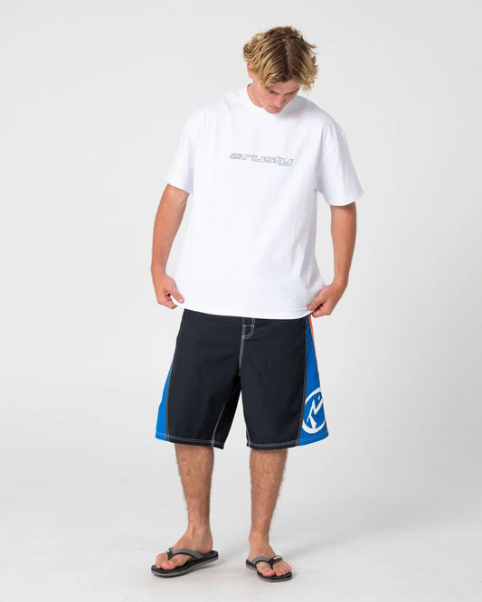 Person wearing a white t-shirt and black shorts with blue accents on a white background