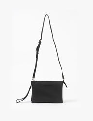 Black crossbody bag on a white background