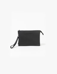 Black clutch bag with a strap on a white background