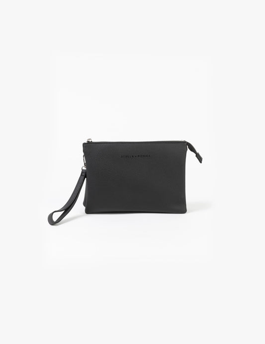 Black clutch bag with a strap on a white background