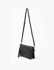 Black crossbody bag with a strap on a white background
