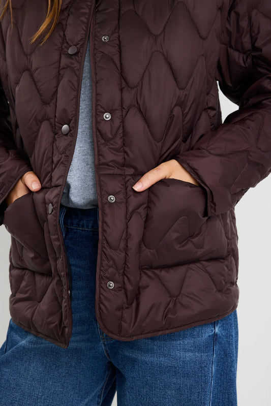 Person wearing a brown quilted jacket with blue jeans on a white background