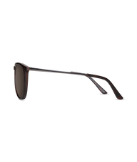 Sunglasses with dark lenses and thin metal frame on a white background