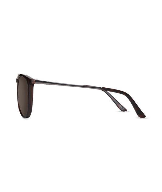 Sunglasses with dark lenses and thin metal frame on a white background