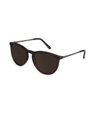 Sunglasses with dark lenses and thin frame on a white background