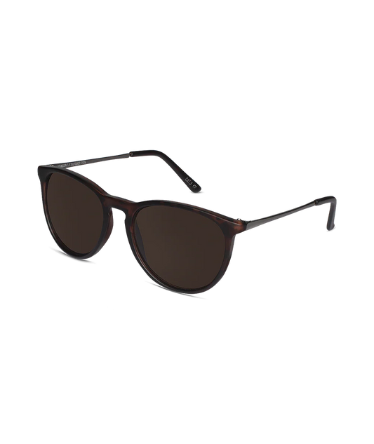 Sunglasses with dark lenses and thin frame on a white background
