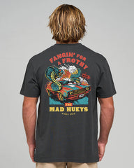 Person wearing a t-shirt with a colorful graphic design on the back, featuring text and a car.