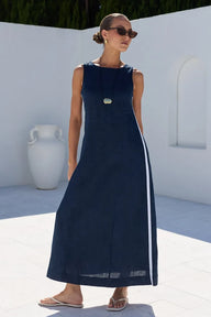 ink coloured linen dress with white stripe down side