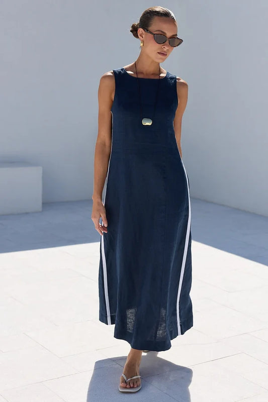 Stories Be Told Future Linen Sleeveless Midi Dress - Ink